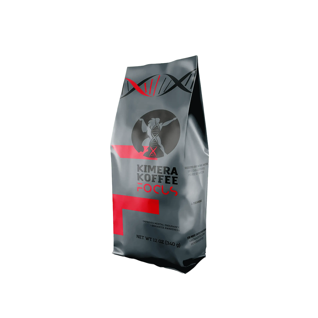 Kimera Koffee Focus Blend 12oz bag — smooth light roast ground coffee with white DNA helix logo on light packaging
