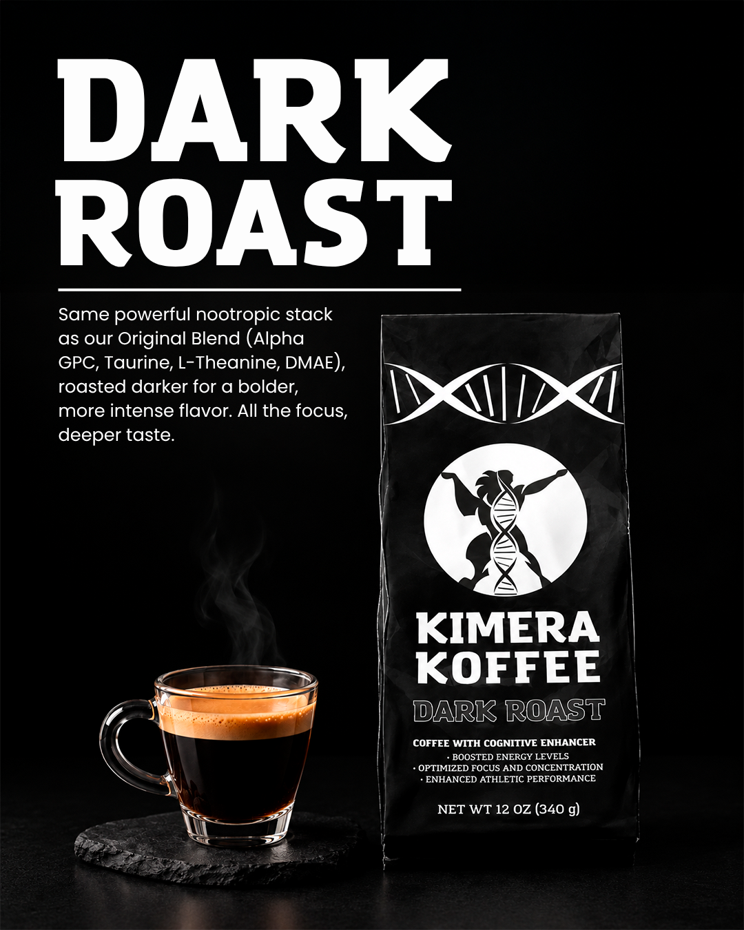 Dark Blend Coffee with Alpha GPC + L-Theanine (12oz)